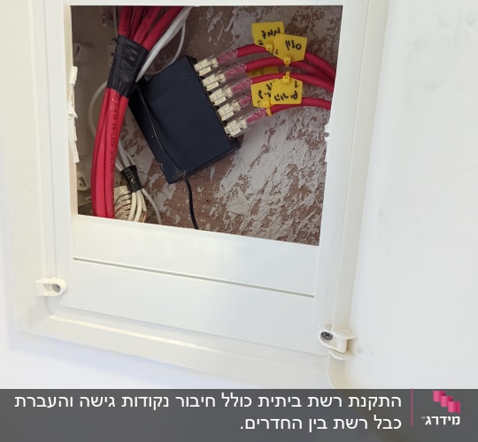 כבלים אדומים מחוברים למפצל בתוך ארון תקשורת